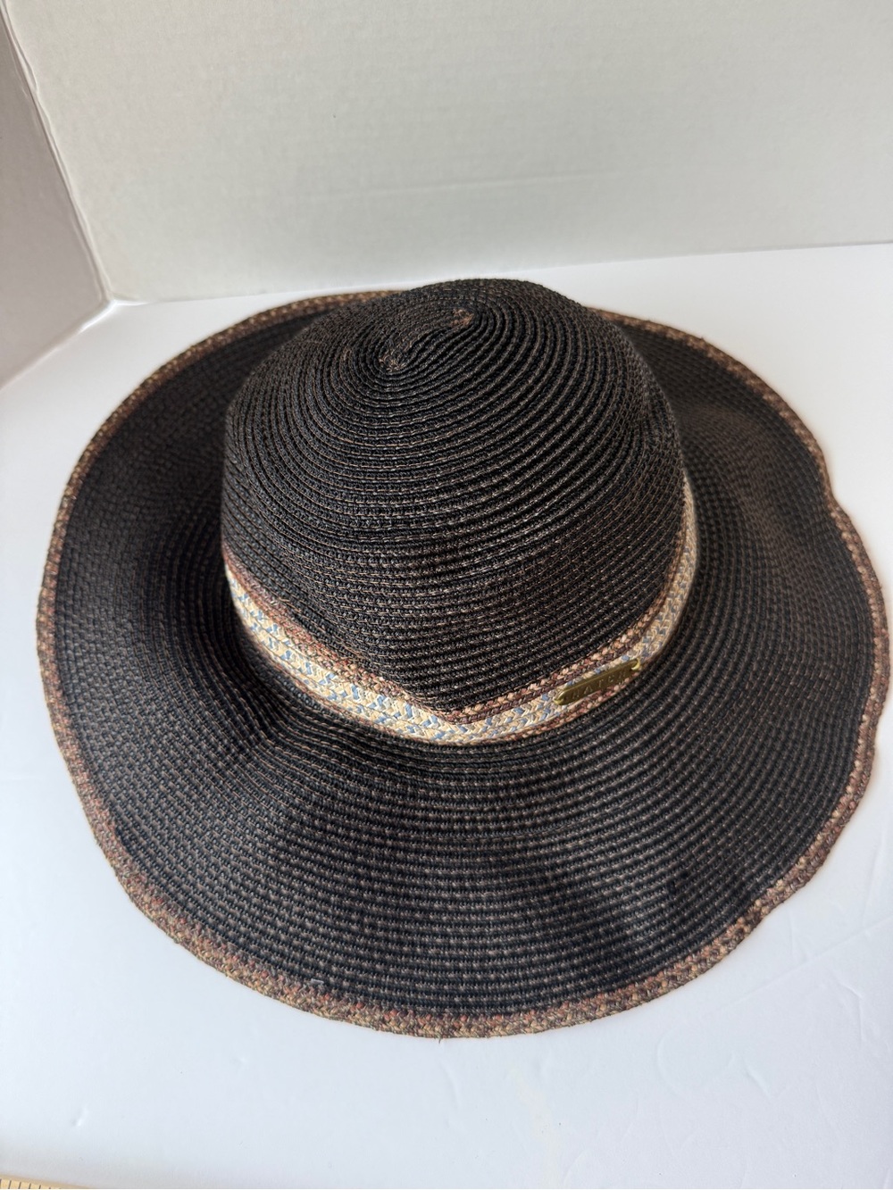 Hatch “Deanna” Wide-Brim Straw Sun Hat in Dark Brown with Multicolor Band